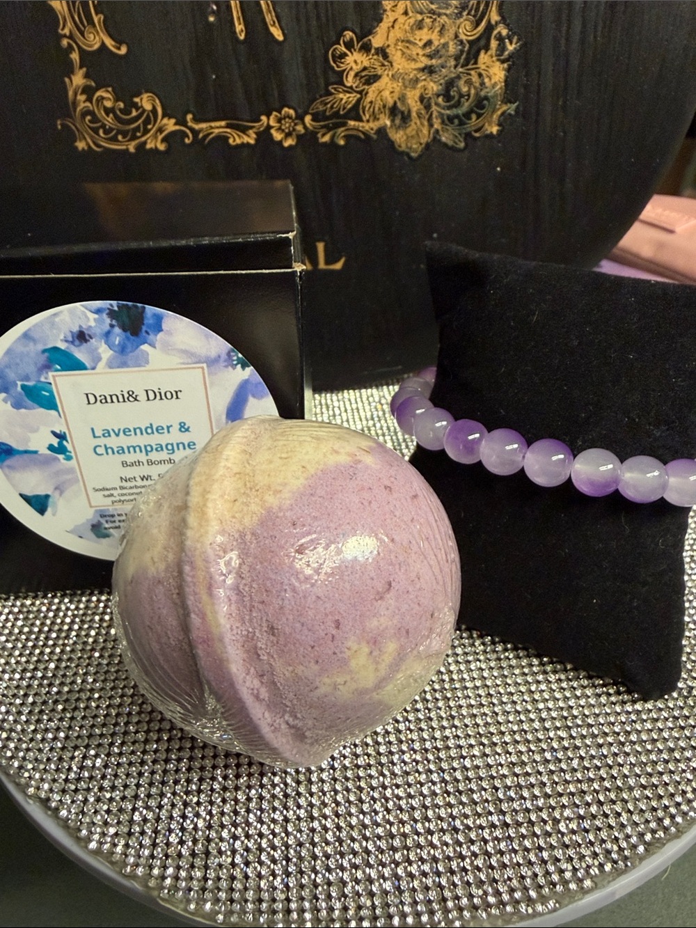 Dani & Dior Lavender & Champagne Bath Bomb - & glass Bracelet with jewelry bag.